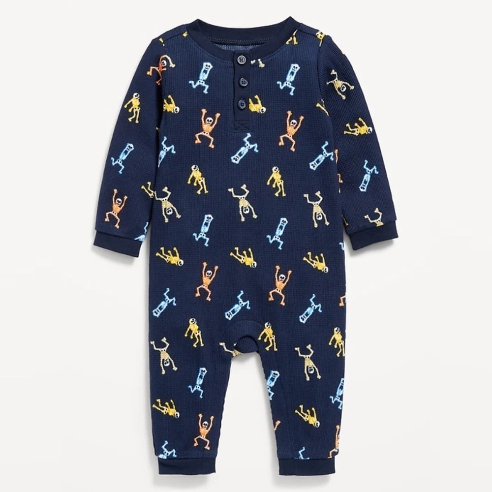 Printed Long Sleeve Thermal Knit Henley One Piece - Skeleton